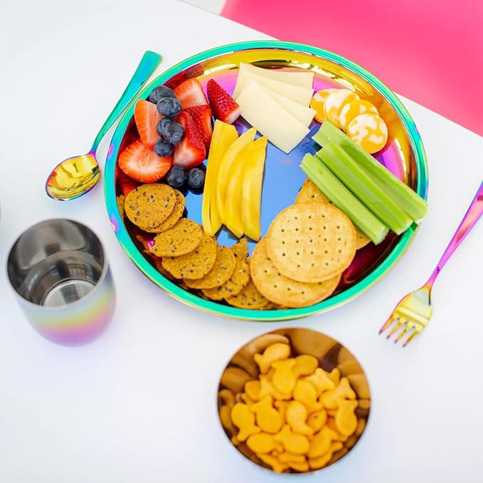 Ahimsa Stainless Steel Kids Plates - 9" Round Rainbow Toddler Plates, Non Toxic Plate, BPA Free & Dishwasher Safe (Single)