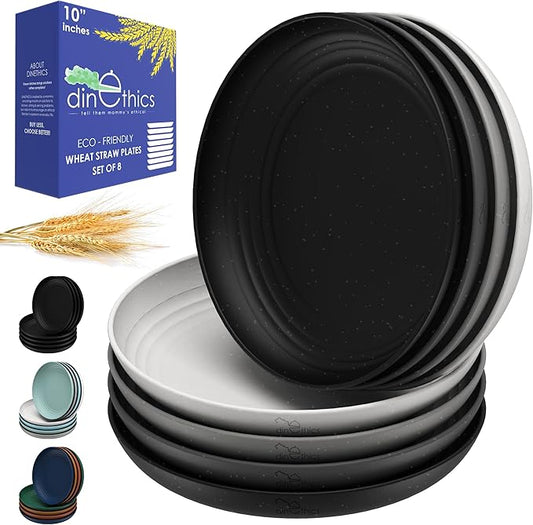 Wheat Straw Plates 10 inch - Alternate to Black Plastic Dinner Plate set of 8 - Microwave Safe Plates For Kitchen - Unbreakable Black Dishes For Kids Adults - Camping Dishes - Reusable Plastic Dish