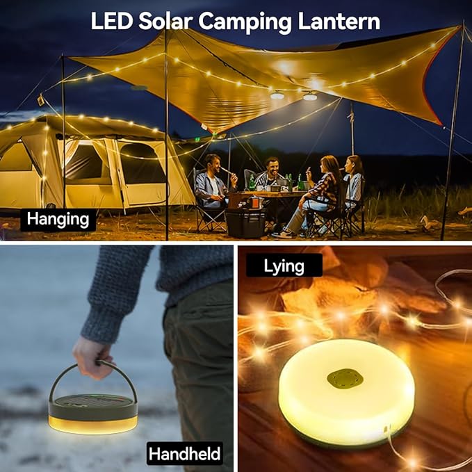 33FT Solar Camping String Lights, Rechargeable String Lights with 8 Modes, Waterproof Outdoor Lights with Delay Closure, Retractable Design & Hooks for Outdoor Patio Awning Garden Party Essentials