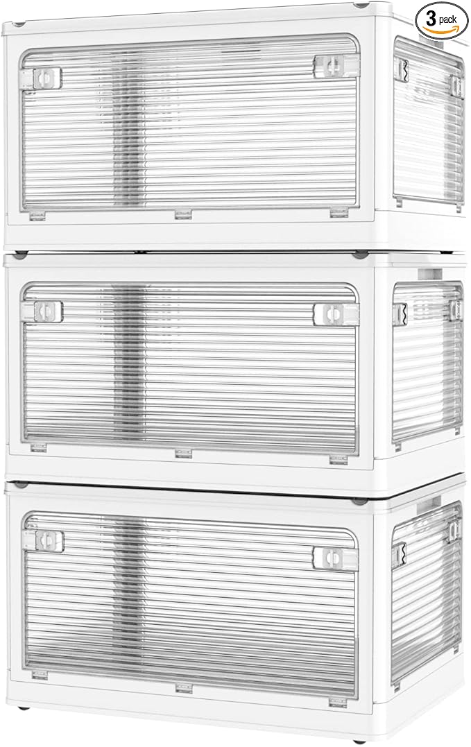 3 Pack Foldable Storage Bins, 26 Gal Collapsible Storage Bins with 5 Opening Ways, Folding Storage Boxes, Foldable Storage Cubes for Clothing, Books, White