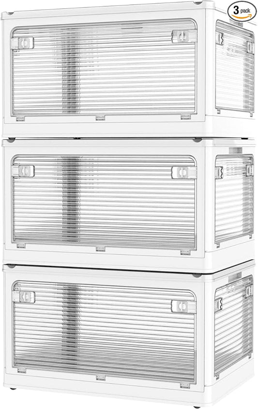 3 Pack Foldable Storage Bins, 26 Gal Collapsible Storage Bins with 5 Opening Ways, Folding Storage Boxes, Foldable Storage Cubes for Clothing, Books, White