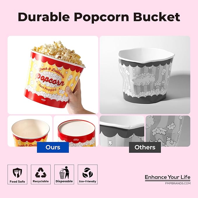 Fit Meal Prep 25 Pack Classic Paper Popcorn Buckets Disposable, 85 Oz Grease Resistant Popcorn Bowls Cups for Machine Home Theater Carnival Movie Night