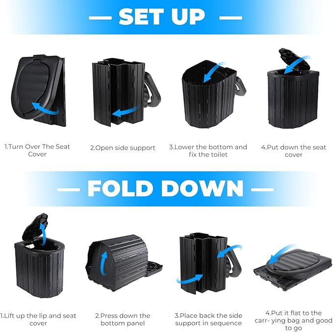 Portable Toilet for Adults, Foldable Plastic Toilet, with Lid and Paper Holder Travel Porta Potty for Adults Camping, Hiking, RV, Fishing, Beach, Road Trip, Truck, Hunting (black-15.7''H)