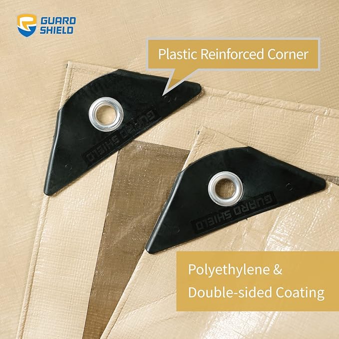 GUARD SHIELD Beige Tarp Heavy Duty Waterproof 10x12 Feet Outdoor Poly Tarps Cover Thick UV Resistant Canopy Tarpaulin with Grommets 10mil
