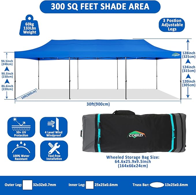 COBIZI 10x30 Pop Up Canopy Without Sidewall,Heavy Duty Canopy UPF 50+ All Season Wind Waterproof Commercial Outdoor Wedding Party Tents for Parties Gazebo with Roller Bag(10 x 30 ft Blue)