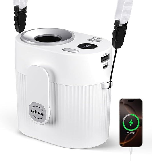 Portable Waist Clip Fan: 20000 RPM Turbo Cooling - Rechargeable 8000 mAh Battery and LED Display - 5 Speed Belt Fan on Shirt for Outdoor/Jobsite/Camping/Travel - White