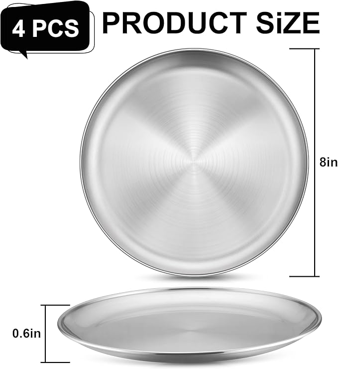 Homikit Stainless Steel Kids Plates Set of 4, 8 Inch 304 Metal Dinner Plates for Kids Toddler Children, 4-Piece 18/8 Non Toxic Dinner Dishes Set for Serving Camping, Dishwasher Safe & Reusable