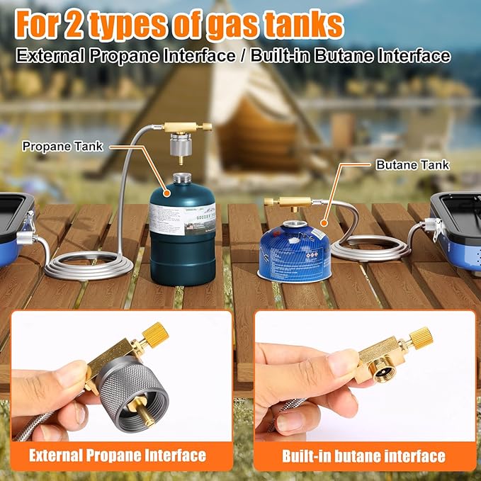 Hisencn Camping Stove,2 Burner Propane Stove,20000 BTU/h Camping Cooking set Includes Frying Pan,Kettle and Pot,Adjustable Burners & Piezo Ignition,Portable stove for camping Outdoor,Blue