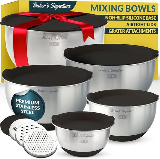 Baker's Signature Stainless Steel Mixing Bowls with Lids Set, 5 Sizes, 3 Graters, Non-Slip Base, Airtight Lids, Metal Mixing Bowls for Kitchen, Food Prep, Storage, 0.63QT-5QT, Black