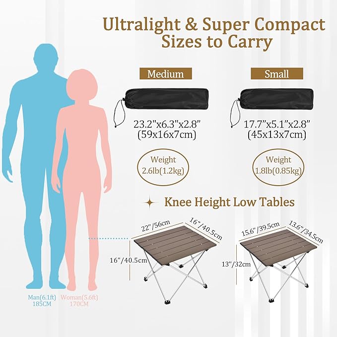 Grope Portable Camping Table with Aluminum Table Top, Folding Beach Table Easy to Carry, Prefect for Outdoor, Picnic, BBQ, Cooking, Festival, Beach, Home (Coffee-S)