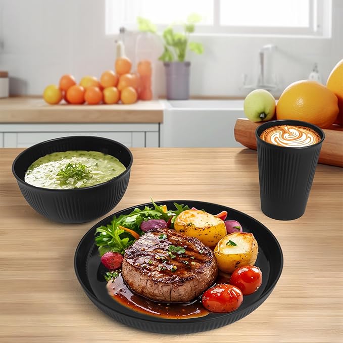 36 pcs Wheat Straw Dinnerware Sets, Unbreakable Reusable Dinnerware Set Kitchen Cups Plates and Bowls Sets, Dishwasher Microwave Safe Plates,Outdoor Camping Dishes (Black)