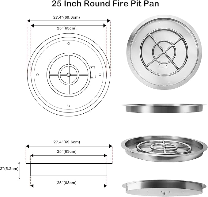 Stanbroil 25 Inch Drop-in Round Gas Fire Pit Kit with Spark Ignition, Propane Gas Version, 304 Stainless Steel