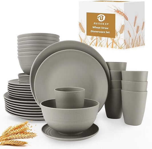 40 Pieces Plates and Bowls Sets, Wheat Straw Dinnerware Sets Service for 8, Camping Plates, Cereal Bowls and Drinking Cups, Lightweight and Reusable Plastic Dinnerware Sets (Grey)