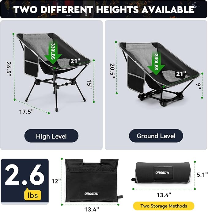 Folding Camping Chairs, Lightweight Backpacking Chair in Compact Design for Camp, Beach, Hiking, Outdoors, Black