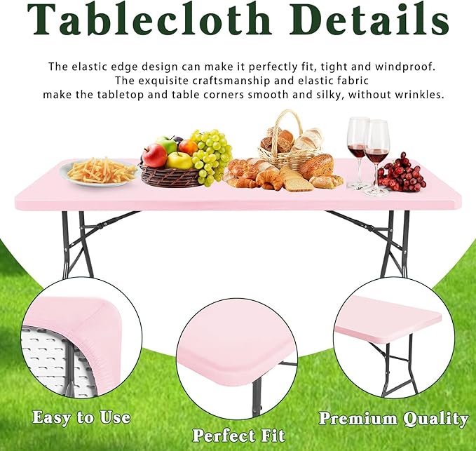6 Pack Picnic Table Cover Fitted Elastic Tablecloth for 6 Foot Rectangle Tables Waterproof Stretch Washable Folding Indoor and Outdoor Spandex Table Cloth for Parties Camping (Pink,30" x 72")