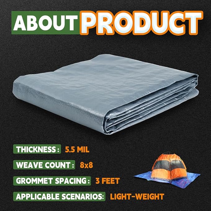RAINDEWAY Tarps - 15x30 Feet, 5.5 Mil Thick, Multipurpose Waterproof Poly Tarp Cover with Metal Grommets and Reinforced Edges, Silver/Blue Large Tarp