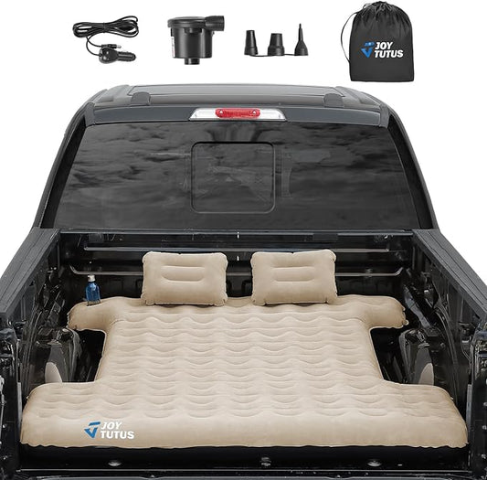 JOYTUTUS Upgraded Light Version Truck Bed Air Mattress for Camping, Thicken Inflatable Mattress for 5.5-5.8Ft Short Truck Bed,with Built-in Cup Holder&2 Inflatable Pillow,Full-Size,Camel and Black