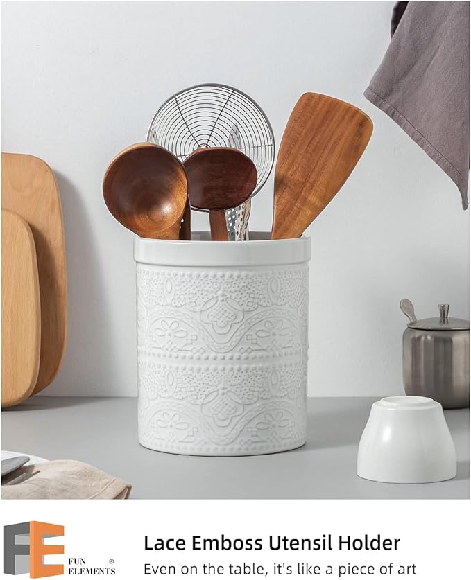 FUN ELEMENTS Kitchen Utensil Holder, 7.2" Super Large Utensil Crock Heavy and Stable Lace Emboss Ceramic Utensil Holder for Kitchen Counter (Bright White)