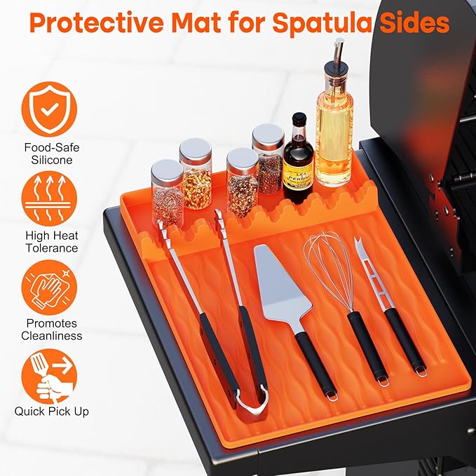 2-Pack Silicone Griddle Mat for Blackstone – Heat-Resistant Utensil Holder with Drip Tray, Non-Slip BBQ Tool Organizer for Grill, Kitchen Countertop & Outdoor Cooking Accessories(Orange)