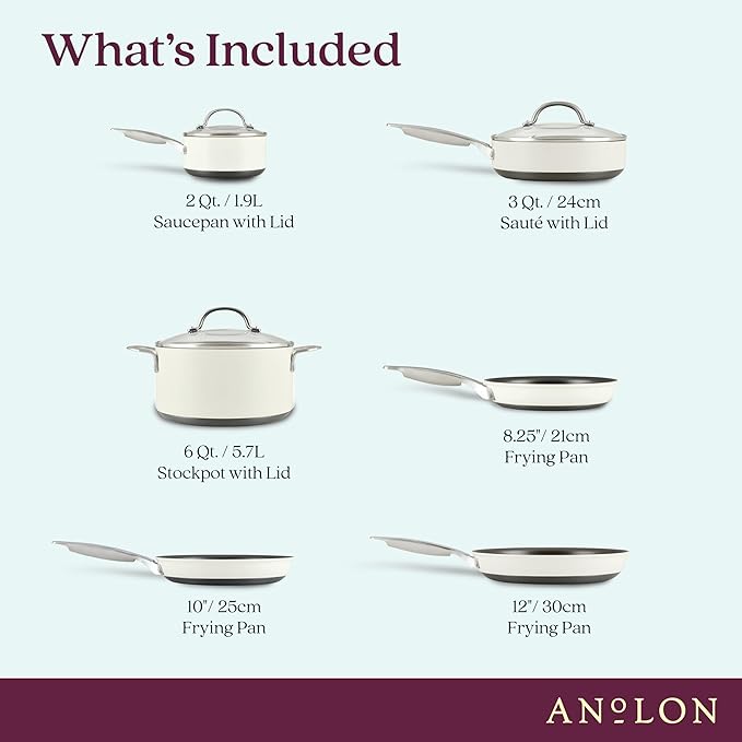 Anolon Achieve Hard Anodized Nonstick Cookware Pots and Pans Set, 9 Piece - Cream