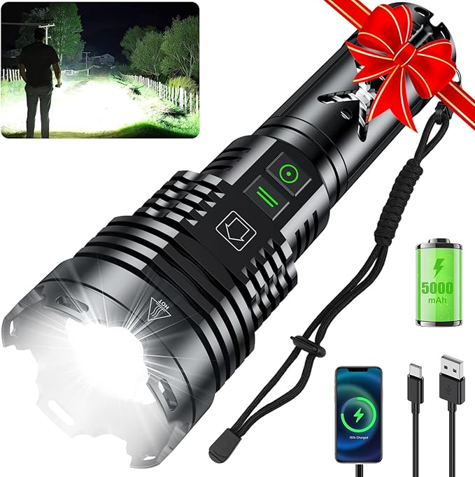 LED Rechargeable Flashlights High Lumens,6000.000 Lumens Super Bright Flashlight with Type-C Charging Port,6 Light Modes,Zoomable,IP67 Waterproof, Tactical Flashlight for Emergencies Camping