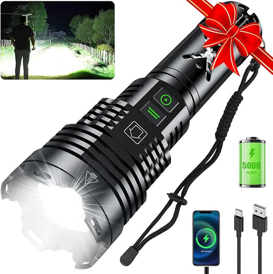 LED Rechargeable Flashlights High Lumens,6000.000 Lumens Super Bright Flashlight with Type-C Charging Port,6 Light Modes,Zoomable,IP67 Waterproof, Tactical Flashlight for Emergencies Camping