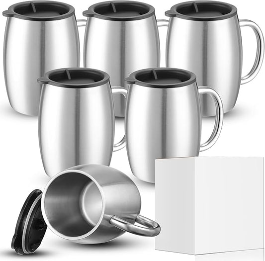 Xinnun 14 oz Insulated Stainless Steel Coffee Mug Spillproof with Lid Double Wall Travel Coffee Mug with Handle Shatterproof Metal Cups for Camping Outdoor Hot Tea Beer Cold Drink(Silver,6 Pack)