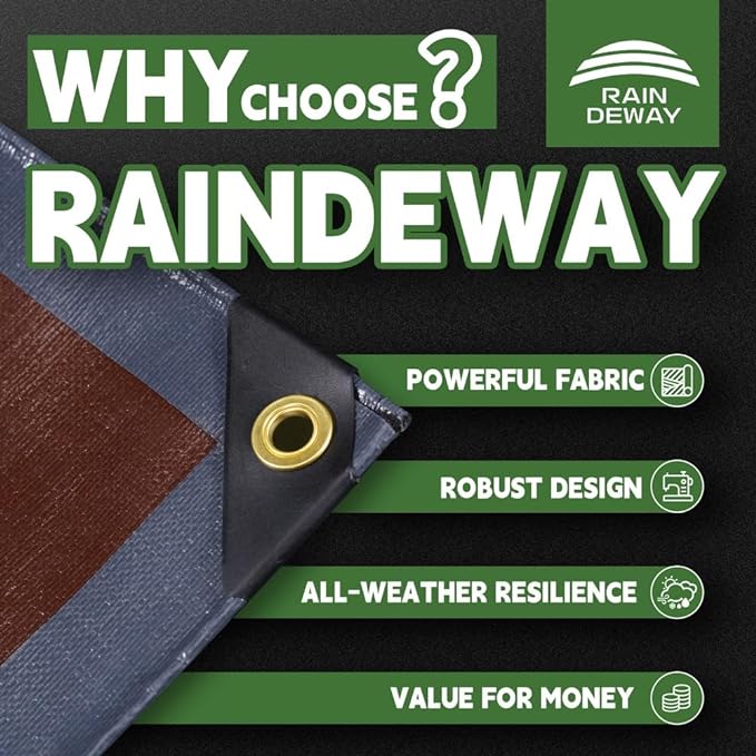 RAINDEWAY 12x20 Feet Super Heavy Duty Tarp, 18 Mil, UV Resistant, Weatherproof, Multipurpose Waterproof Poly Tarp with Grommets and Reinforced Edges, Gray/Brown
