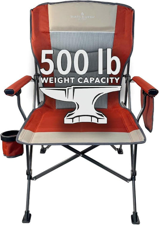 Black Sierra Oversized Camping Chair for Adults – Heavy Duty Folding Lawn & Beach Chair Supports 500 lbs, Hard Arms, Durable Steel Frame, Cup Holder, Portable Outdoor Seat for Tailgating or Patio