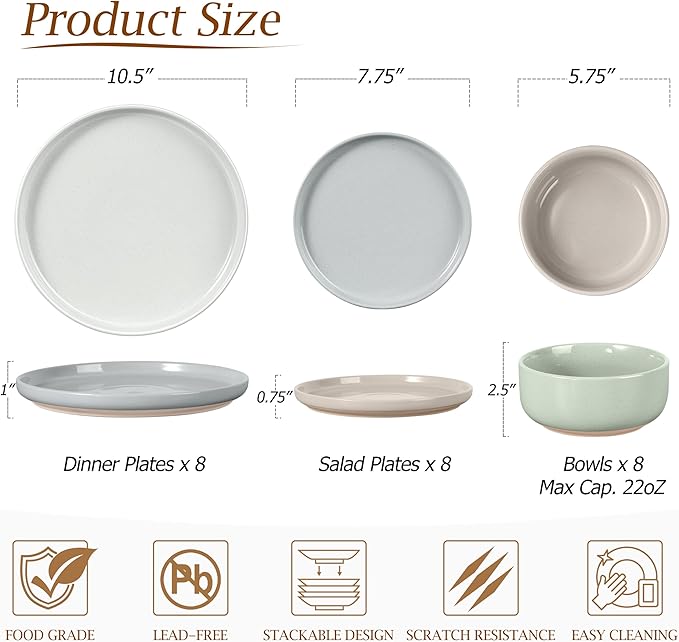 LIANYU Dinnerware Plates and Bowls Set for 8, 24PCS Speckled Dinnerware Set for Soup, Salad, Food Grade Clay Stoneware Dishes, Scratch Resistant, Stackable Design, Assorted Colors