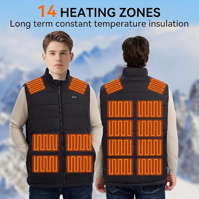 Heated Vest for Men, 14 Heating Zones, Dual Control Electric Heated Vest with Detachable Hood, Battery Not Included