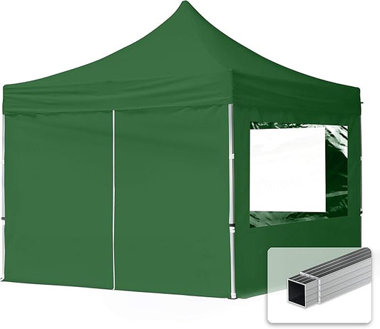10x10 ft PES 700 Pop up Canopy Tent Economy Aluminium 1.3 in., incl. 4 Sidewalls with Panorama Windows, Dark Green