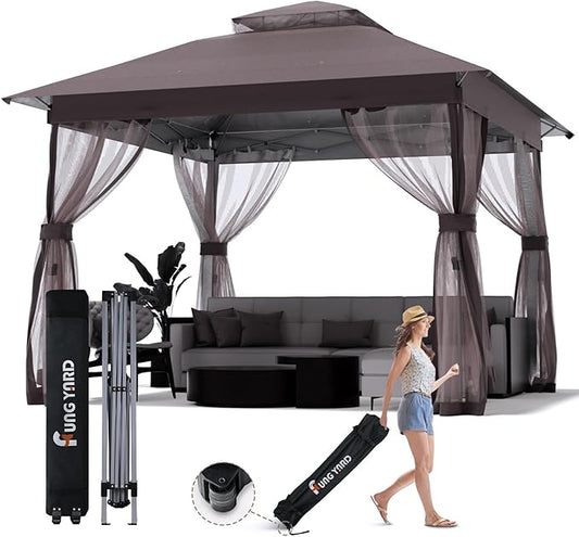 Outdoor Pop Up Gazebo 10x10 - Instant Canopy Tent with Mosquito Nettings, Double Roof Vented Gazebos Tents Shelter for Backyard Shade Party Garden Lawns (Brown, 10x10)