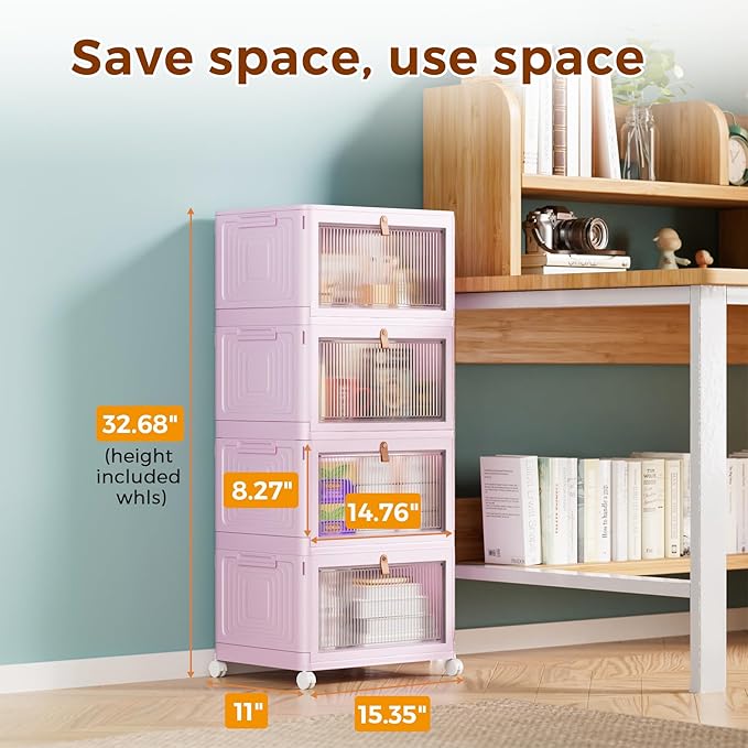 4 Tier Stackable Plastic Storage Bins with Lid and Wheels - 23 QT Closet Organizers and Foldable Storage Containers, Organization Boxes for Craft, Home, Pantry, Dorm, Pink