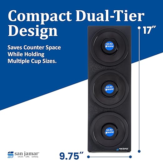 San Jamar Ez-Fit Cup Dispenser Cabinet, 3 Tiers with Black Trim Rings for Restaurants, Dining Halls, and Fast Food, Plastic, 22.375 x 7.75 x 23.75 Inches, Black