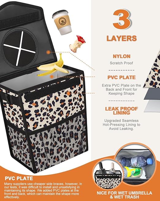 Car Trash Can with Lid, Cute Leakproof Car Trash Garbage Bag Hanging Vehicle Trash Bin Small Portable Automotive Garbage Cans Organizer for Back/Front Seat/Console(2.8 gal,Leopard
