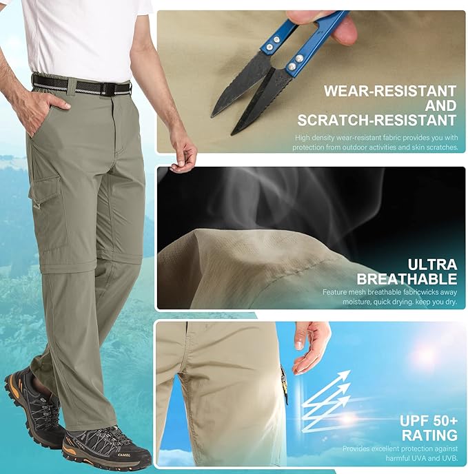 Mens Hiking Pants Convertible Lightweight Quick Dry Zip Off Fishing Safari Camping Travel boy Scout Pants