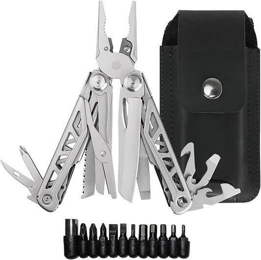 EPG Heavy Duty Multitool, Leather Case and Screwdriver Bits, 18 Stainless Steel Locking Tools, EDC Gear with Pliers, Bottle Opener, Box Cutter and More, Fits in Pocket