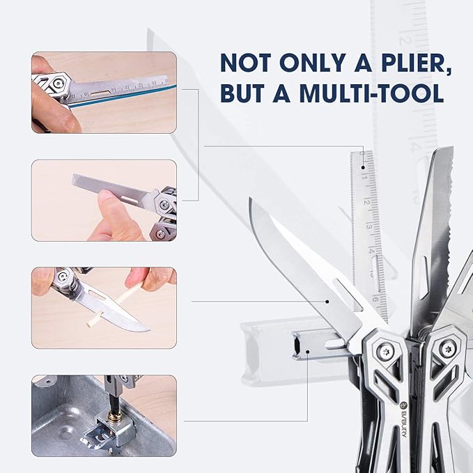 BIBURY 21-in-1 Multitool Pliers, Multi-Purpose Pocket Knife Pliers with Screwdriver Sleeve, 420 Foldable Stainless Steel Safety Locking Design Multi-tool for Survival, Camping, Fishing and Home Repair