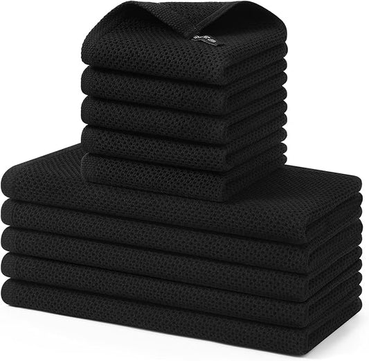 Kitinjoy 100% Cotton Kitchen Towels and Dishcloths Set, 10 Pack-13" x 28" and 12" x 12" Waffle Weave Dish Towels, Ultra Soft Absorbent Quick Drying Dish Rags, Black