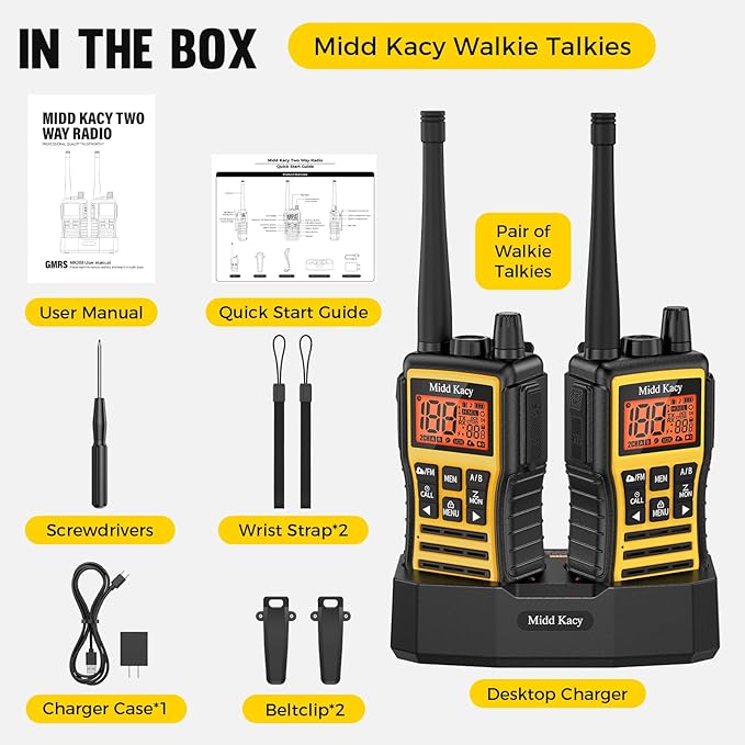Midd Kacy MK208 Walkie Talkies-Two Way Radio-Rechargeable,61 Channels,121 Privacy Codes,New Flashlight,MEM,IP55 Waterproof,SOS,NOAA Weather Alerts,VOX,Dual Watch-Black/Yellow,2 Pack