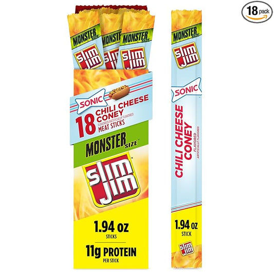Slim Jim Monster Smoked Meat Sticks, Sonic Chili Cheese Coney Flavor, High Protein, 1.94 oz. (18 Count)
