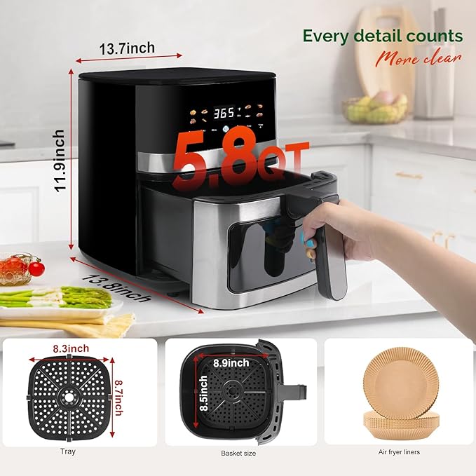 5.8QT Digital Air Fryer with Viewable Window, Adjust Temp & Timer, Air Frying, Reheat, Easy for Frozen Food, Snacks, Dinner, Large Square Basket than Round, Portable for Family & Apartment
