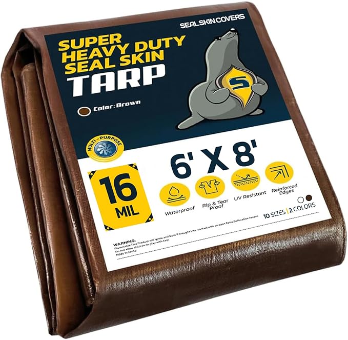 Seal Skin Covers Heavy Duty Waterproof Tarp 6x8 FT, 16 Mil 8 OZ 160 GSM Thick Brown Poly Tarp with Rustproof Grommets, Tear-Proof Cover with Reinforced Edges for Camping, Pool, Canopy Use