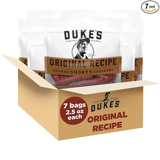 Duke's Pork Original Smoked Shorty Sausages, 7g Protein Per Serving, 2.5 oz. Snack Bags (Pack of 7)