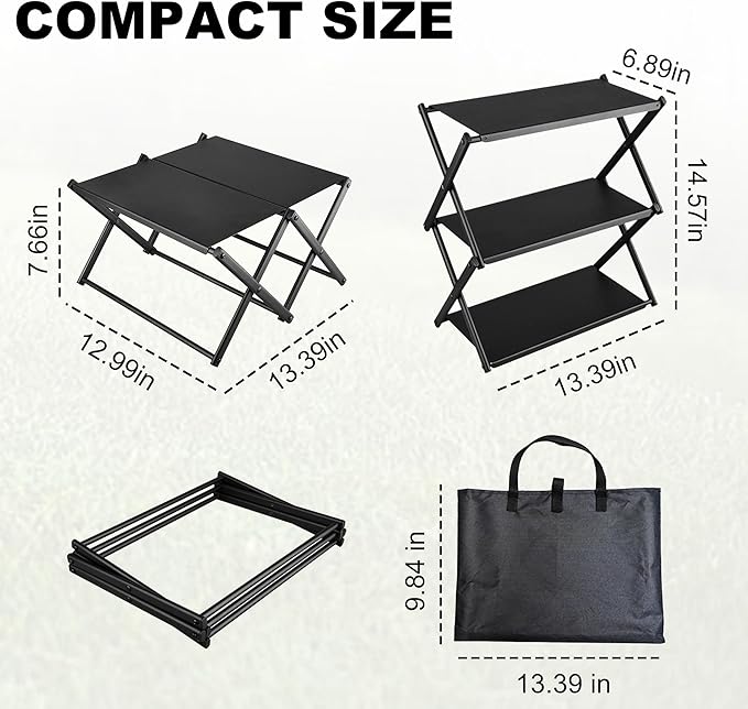 Folding Camping Table with Carry Bag, Portable Beach Tables for Sand Foldable, 3-Tier Storage Shelf Racks for Travel, Fishing, Picnic, Festivals, Outdoor Activities and Home