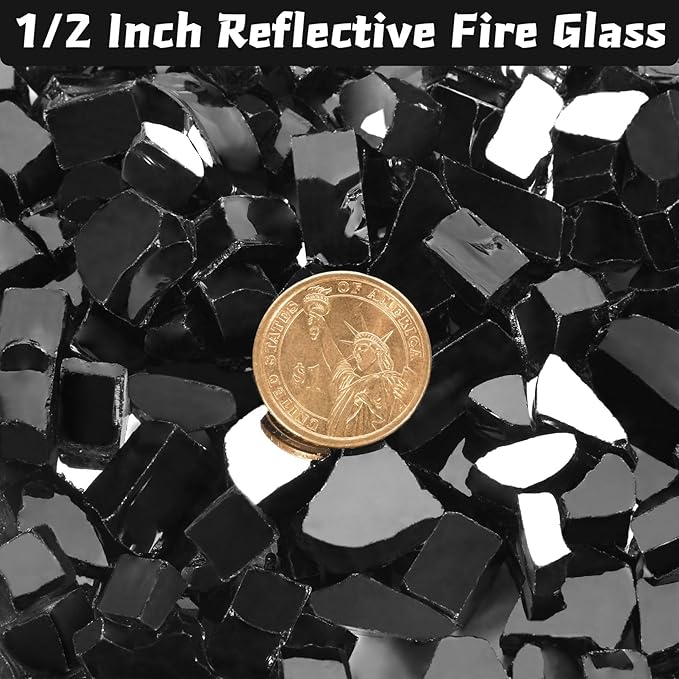 Fire Glass 20lbs, 1/2 Inch Black Reflective Firepit Glass for Propane Fire Pit Table, Fireplace Rocks, High Luster and Heat Resisitant