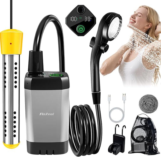 Portable Shower With Heater,Portable Shower For Camping With 2000W Auto-Off Heater,4 Spray Modes,Lasting 140 mins,LED Display,Portable Shower Pump,Outdoor Shower For Camping,Hiking,Travel,Car,Pet