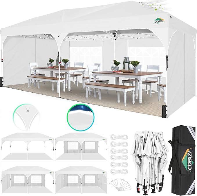 COBIZI 10x20 Pop up Canopy Tent with 4 Sidewalls Outdoor Canopy Tent for Party with Push Center Lock & Air Vent, 2000mm+Waterproof Gazebo Canopy UPF 50+with 4 Sandbags,12 Stakes & 6 Ropes,White