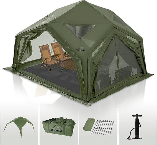 Coody | Rbm Outdoors Koala/Hub/Octopus Inflatable Tents for Camping with Stove Jack, 2/8/10 Person Luxury Canvas Blow Up Tent, 2 Room, Easy Setup Casa de Campaña, Large Inflatable House with Pump